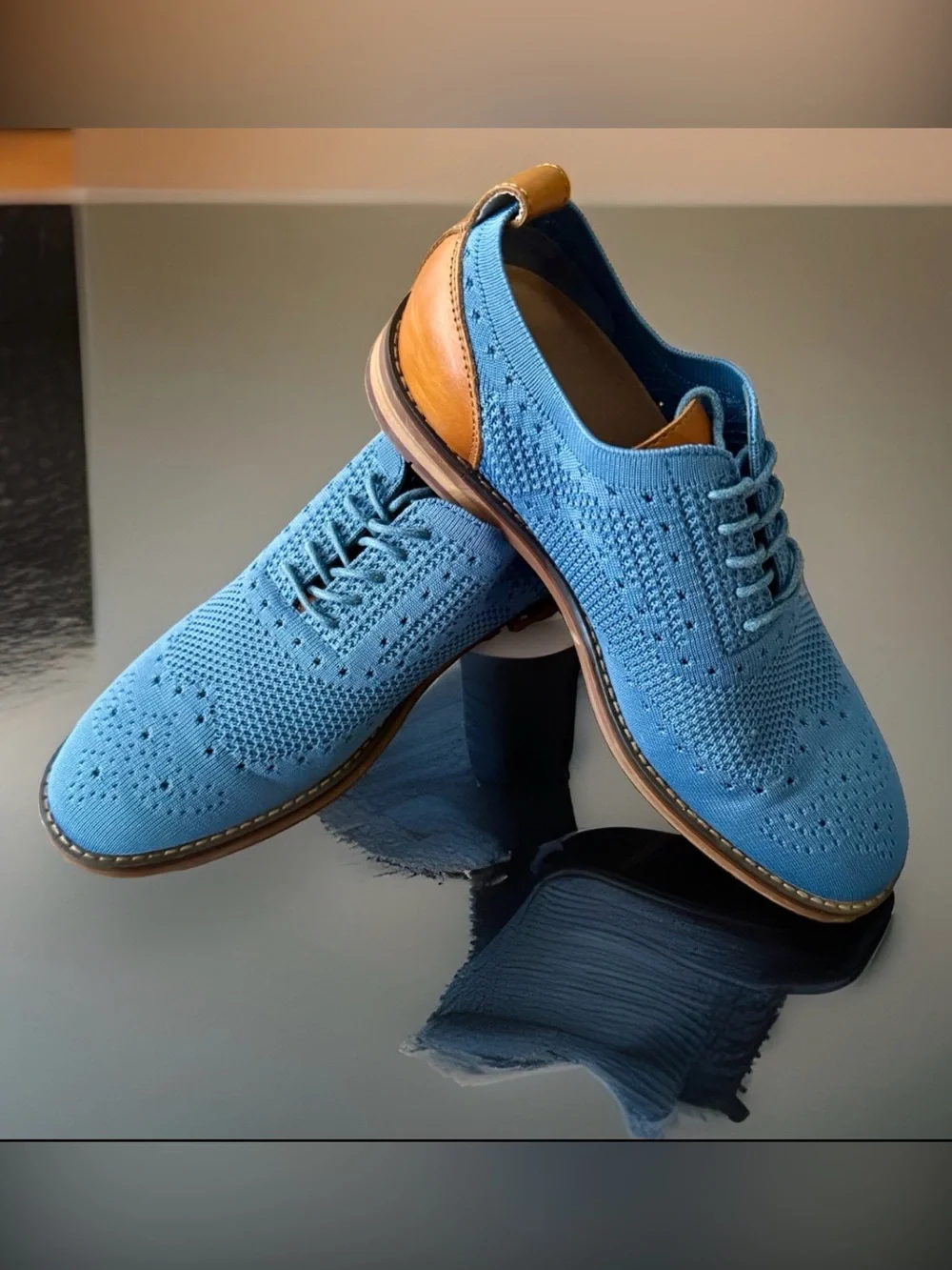 Moretti Gold Label Ashland II Light Blue Knit Leather Wingtip Oxfords 7.5D NWT